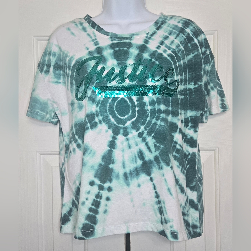 Justice Girl's XL Plus Teal/White Tie-dyed Crewneck T-shirt